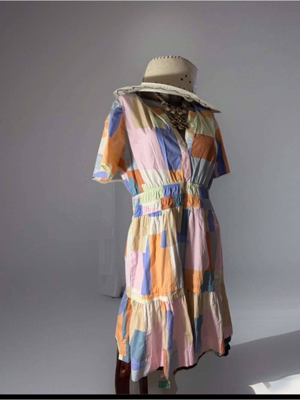 Anthropologie Pastel Patchwork Short Sleeve Summer Dress - Pink & Orange
